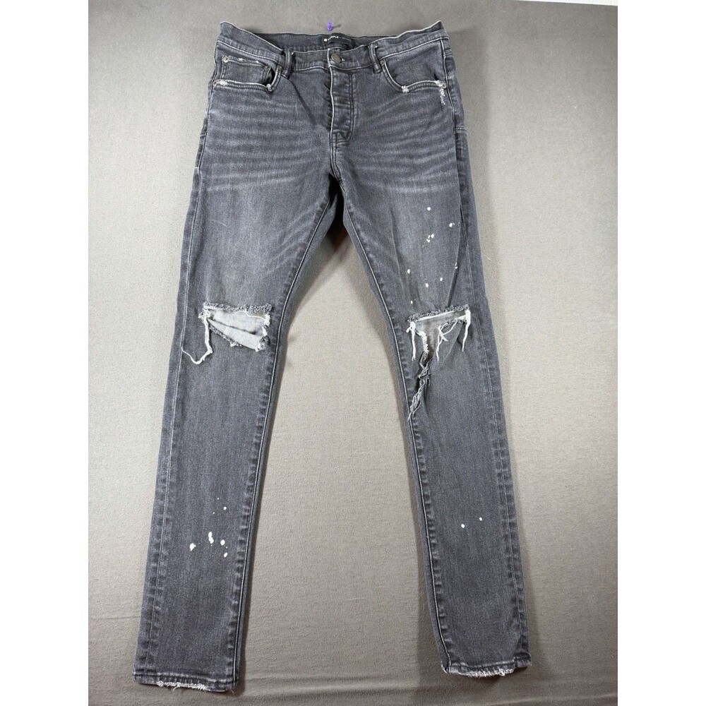 Purple Brand Jeans Mens Sz 33x30 Black Denim Slim Distressed Thrashed Paint P001